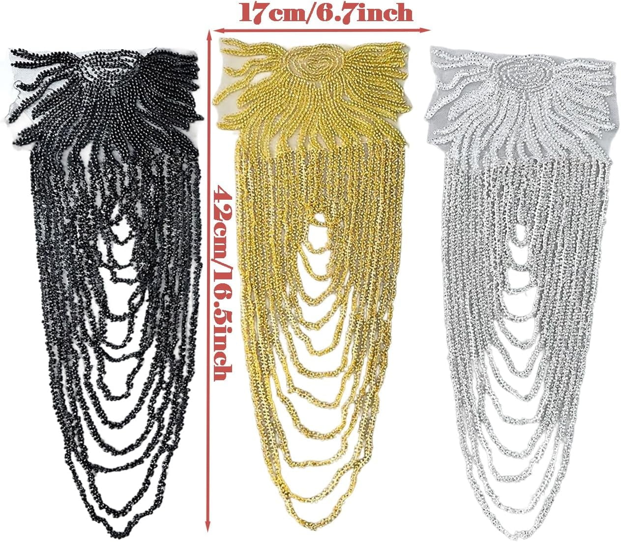 ABPETE 1 Pair Handmade Rhinestone Applique for Clothes, Sparkle Crystal Sewing Patches for Wedding Dress, Glass Beads Fringe Epaulettes for Shoulder Bodice Jacket Party Embellishment (Gold)