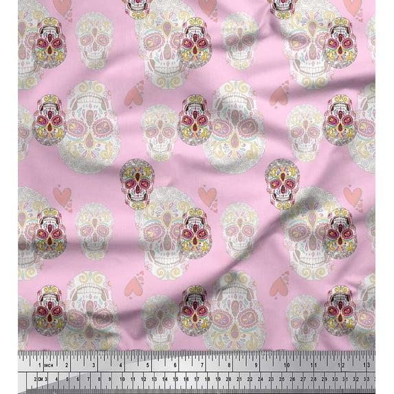 Soimoi Pink Viscose Chiffon Fabric Artistic Colorful Skull Print Sewing Fabric Yard 42 Inch Wide