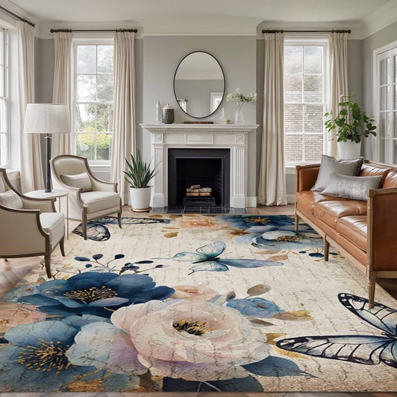 Area Rug for Living Room, Vintage Blue Floral Non-Slip Indoor Large Carpet for Bedroom/Dining Room, Butterflies Watercolor Flower Tan Washable Low-Profile Rectangle Floor Runner Rugs - 6 x 9 Ft