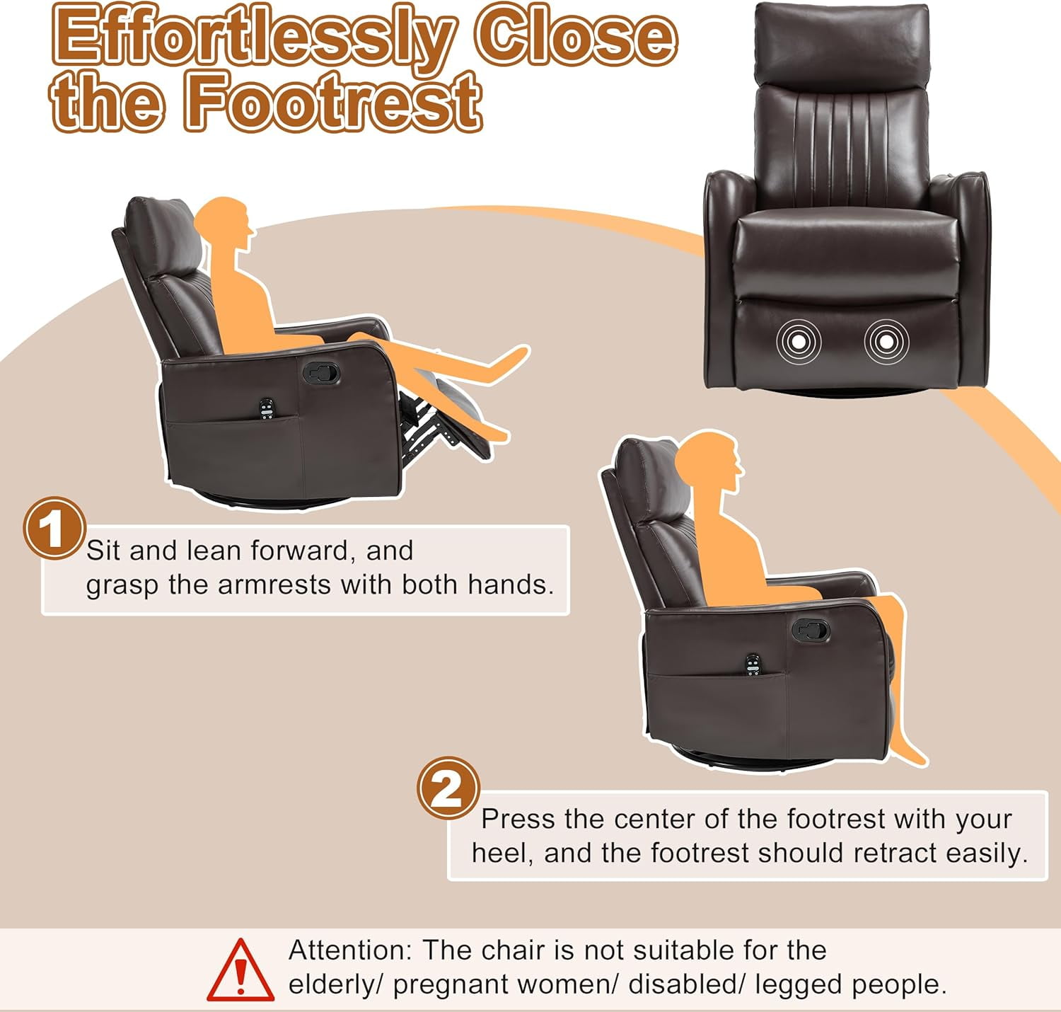 Ywen Manual Swivel Rocker Recliner Chair for Adults, Overstuffed Recliner Glider with Massage and Heat, Living Room Reclining Chair, PU Leather Dark Brown