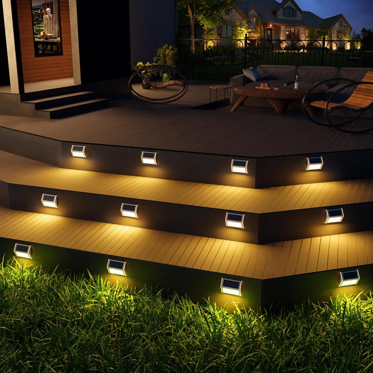 JSOT 2 Pack Solar Deck Lights, 30 Lumen Solar Dusk to Dawn LED Step Lights, Warm White Light