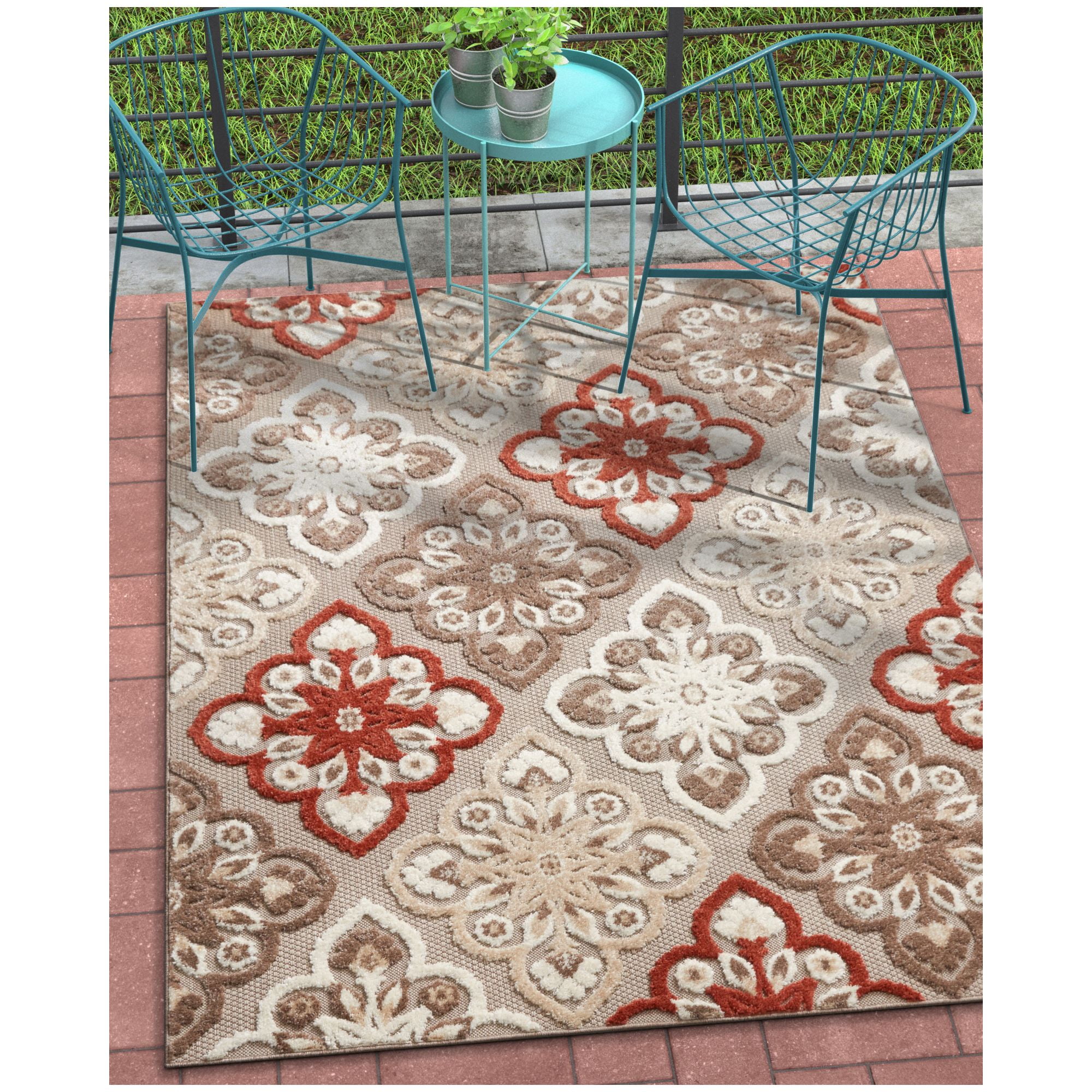 Well Woven Bodrum Red Indoor/Outdoor Floral Panel Area Rug 5x7 (5'3" x