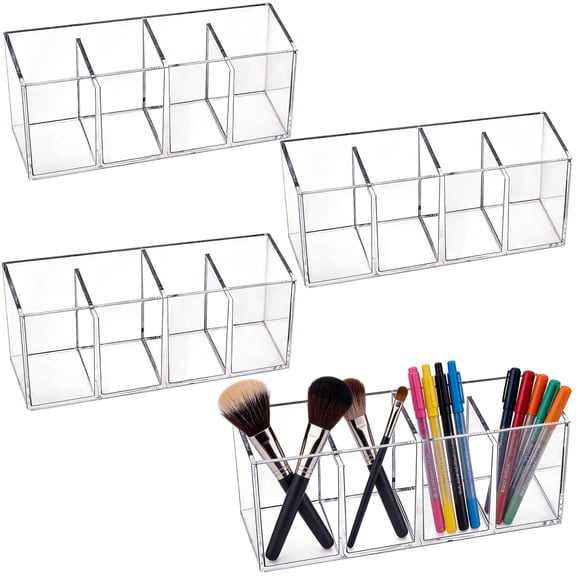 4 Pcs Clear Acrylic Organizer with 4 Compartments, 8.7 x 2.6 x 3.9 in Acrylic Pen Pencil Holder, Multifunctional for Makeup Brush & Desk Accessories
