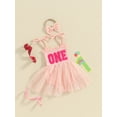 thumbnail image 3 of Bslissey Baby Girls Birthday Romper Dress Tie Spaghetti Strap Letter Embroidery Tulle Hem Jumpsuit Infant Cute Summer Sleeveless A-line Dress with Headband 6M 12M 18M, 3 of 8