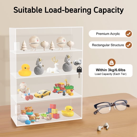 4-Tier Acrylic Display Case Countertop Clear Box Dustproof Shelves Showcase with Lock for Home, Office