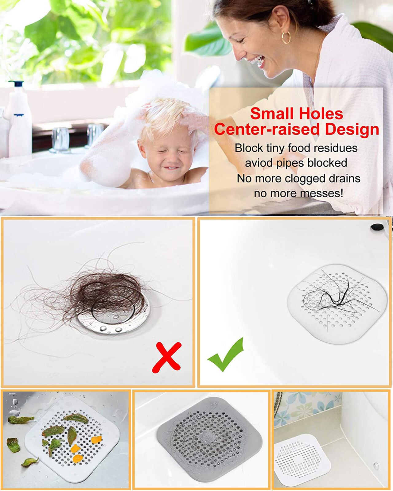 2 Grilles De Drain En Silicone Attrape-Cheveux - Protection Anti-Bouchon Pour Douche, Baignoire, Lavabo