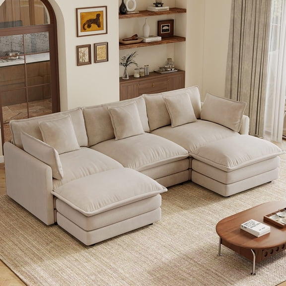 VEPXXP 103.8" Oversized Modern U‑Shaped Modular Sectional Cloud Couch, Comfy Deep‑Seat Chenille Sofa with Ottoman and Pillows for Living Room, Beige