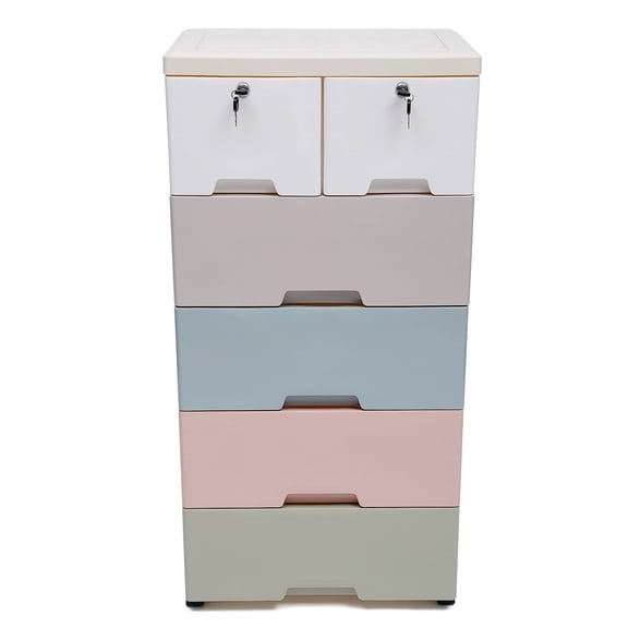 6-Drawer Plastic Dresser, 5 Tier Storage Cabinet with Locks & Wheels, 2 Lockable Drawers, 66 Lbs Capacity, 4 Wheels, Mobile Storage bins, Vertical Clothes Storage