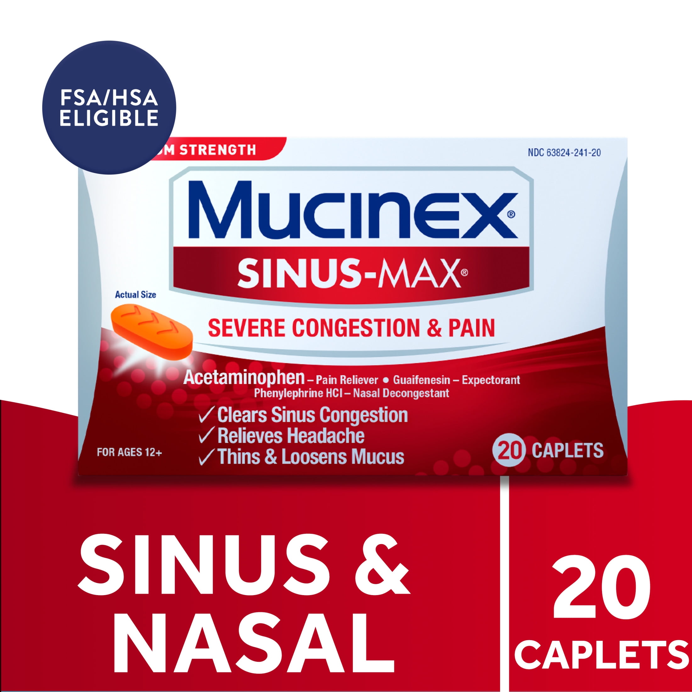 Mucinex Sinus-Max Severe Congestion & Pain Medicine, OTC Headache Relief, Nasal Decongestant, 20 Caplets