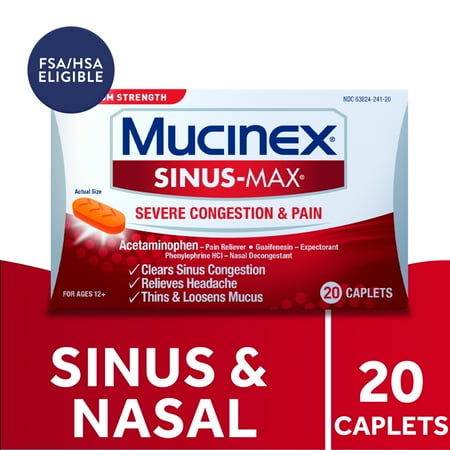 Mucinex Sinus-Max Severe Congestion & Pain Medicine, OTC Headache Relief, Nasal Decongestant, 20 Caplets
