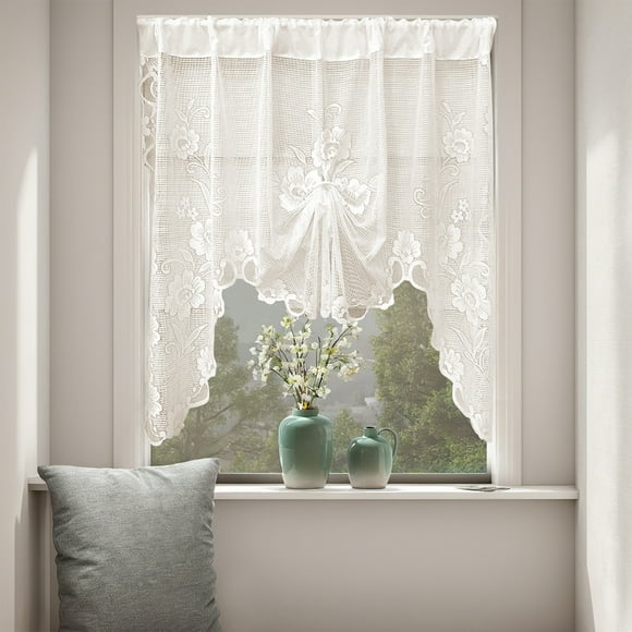Nylon Spandex Roller Blind with Elegant Bow Fold, Easy Pull Cord Control, Light Filtering Lace Curtain for Windows Kitchen Partition, Washable Wrinkle Proof, Telescopic Rod Installation, Home Decor