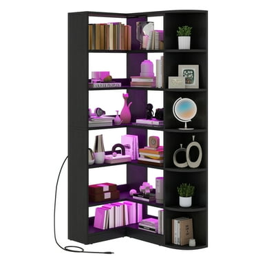 Craftian 6 Tier Bookshelf with LED Light, 70.8 " Modern Bookcase, L-Shaped Bookcase Corner shelf Storage Organizer Display Shelf for Home Office, Living Room,Bedroom, Black