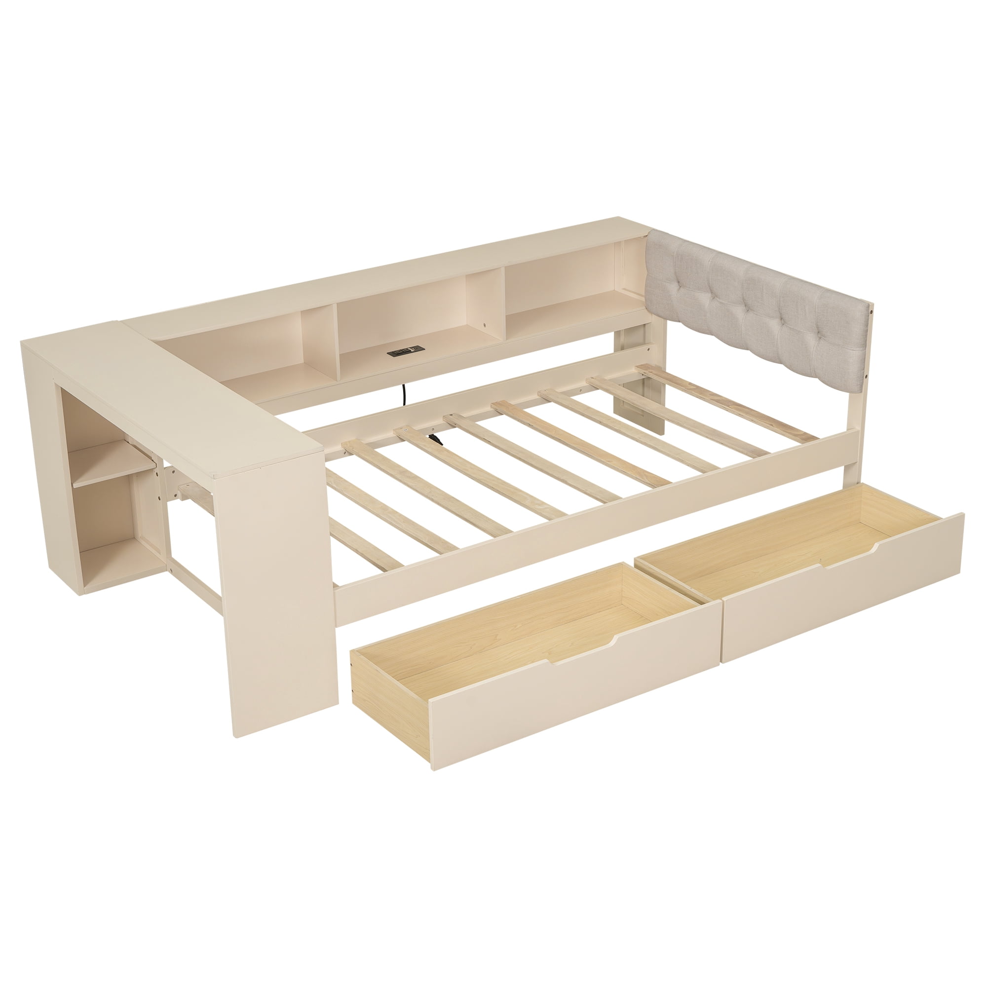 Euroco Wood Twin Size Platform Bed with Desk and Shelves, Drawers and USB Charging for Kids, Cream