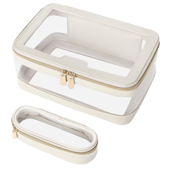 Clear Travel Makeup Bag with Makeup Brush Organizer, Transparent Waterproof Cosmetic Case Toiletry Bag for Women, Portable Leather Cosmetic Organizer Storage Bag with Zipper Closure