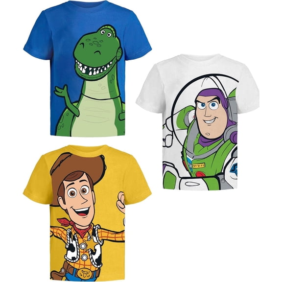 Disney Pixar Toy Story T-Shirts, Toddlers Boy Shirts Kids Clothes, Blue/White/Yellow, 3 Pack