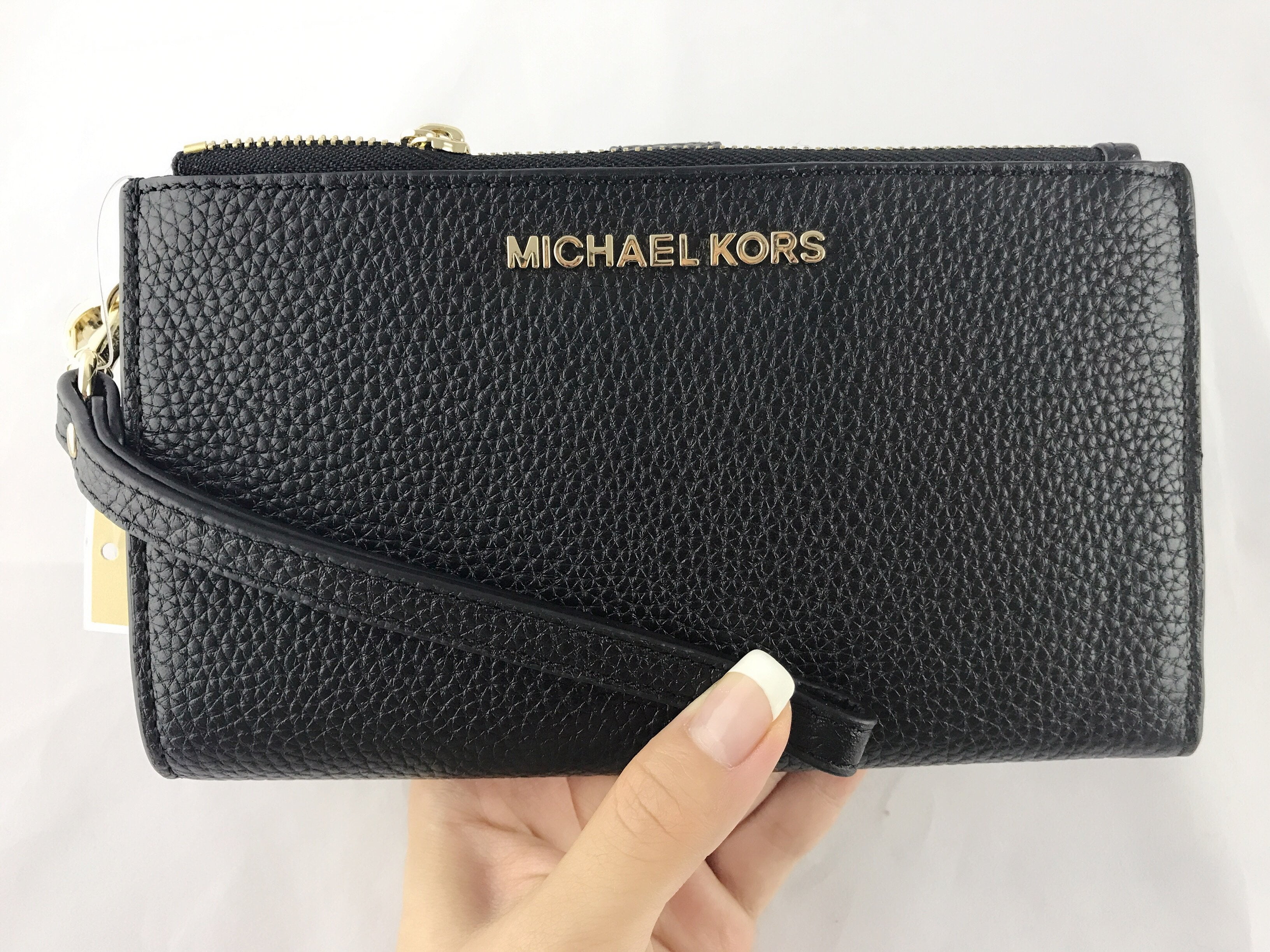 Michael Kors Jet Set Double Zip Wristlet Phone Wallet Black Pebbled Leather