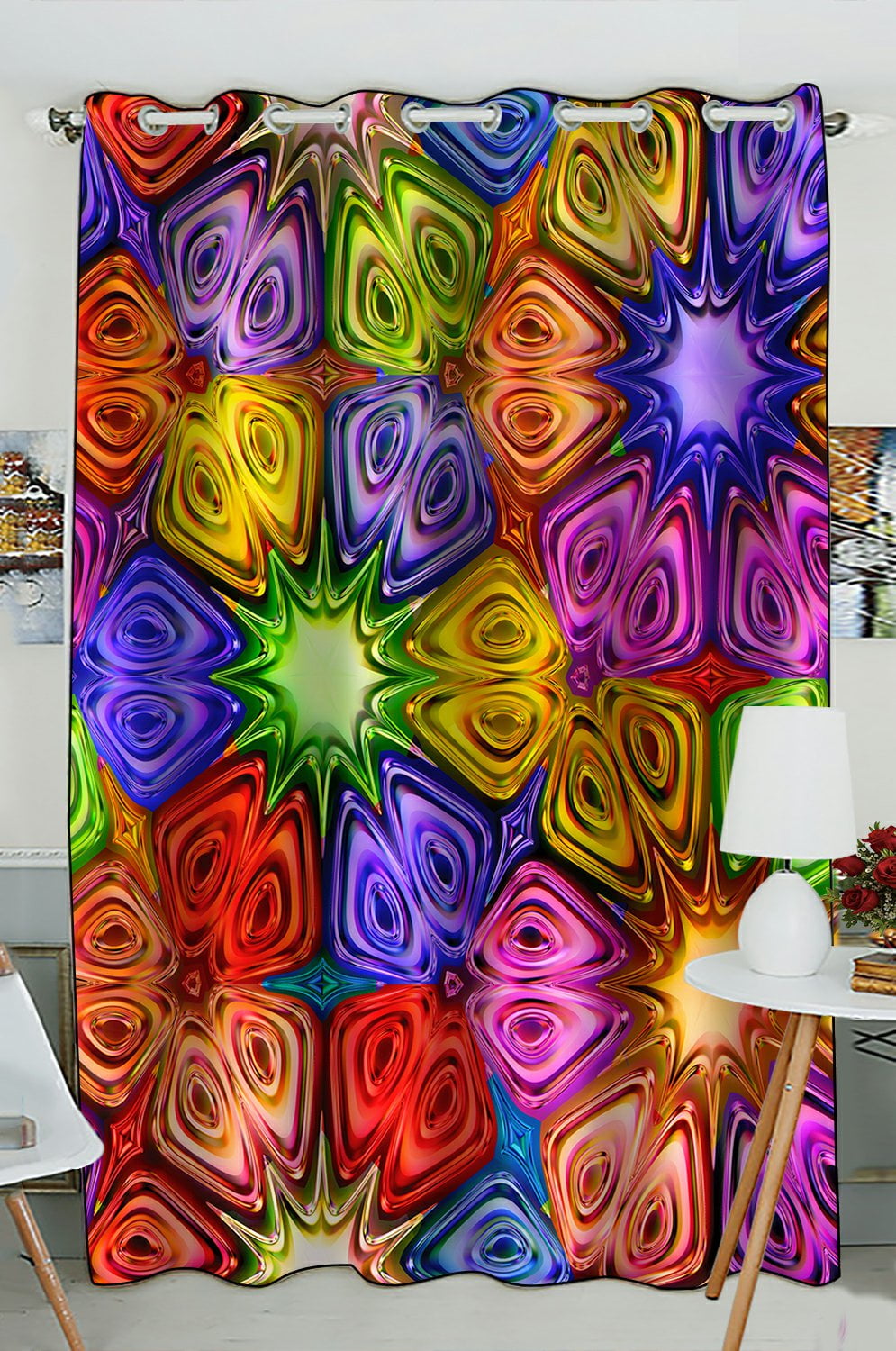 PHFZK Abstract Window Curtain, Bright Shiny Colorful Geometric Window