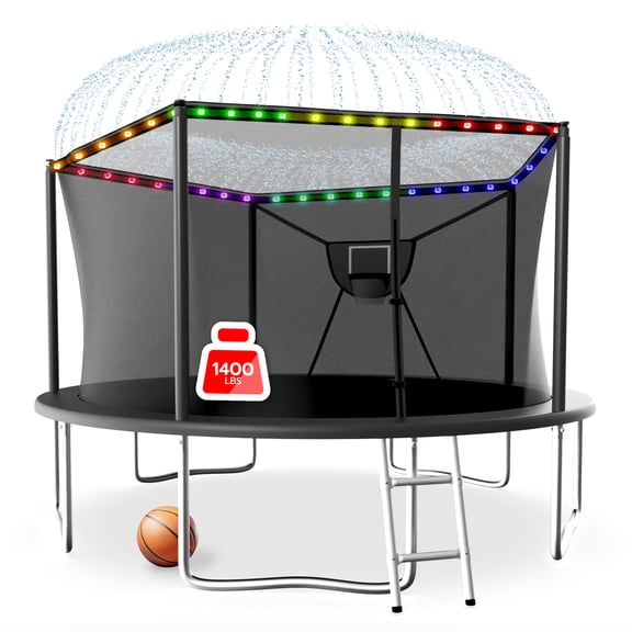 LHX Trampoline with Basketball Hoop 14FT 1400LBS Outdoor Trampolines for Kids Adults Backyard Heavy Duty Round Trampoline with Safety Enclosure Net, Lights, Sprinklers, Socks, No Gap Design