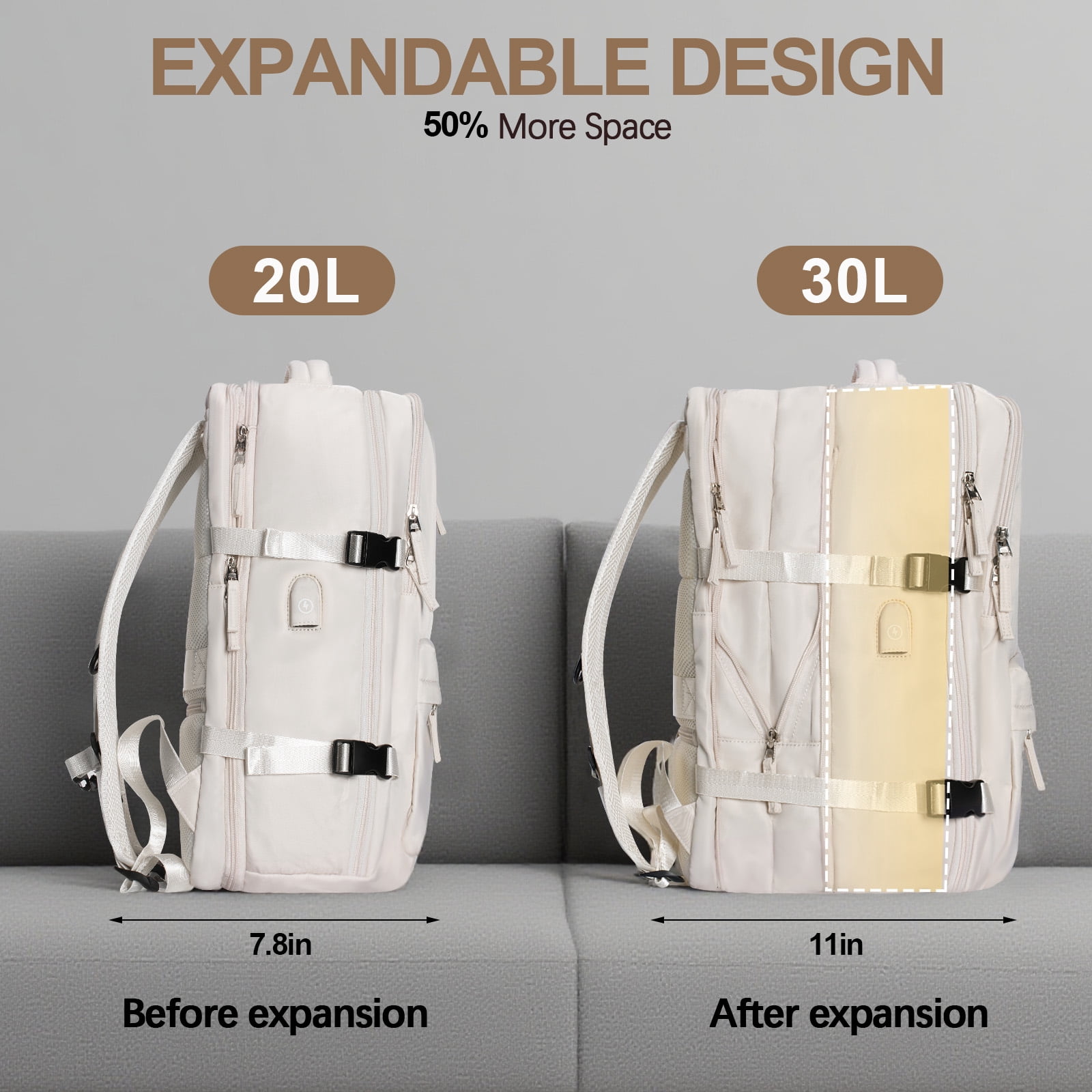 Fenbeli Expandable Travel Laptop Backpack, Fits 15.6-Inch Laptop, Water-Resistant Backpack with USB Charging Port, Anti-Theft Pocket & Luggage Strap