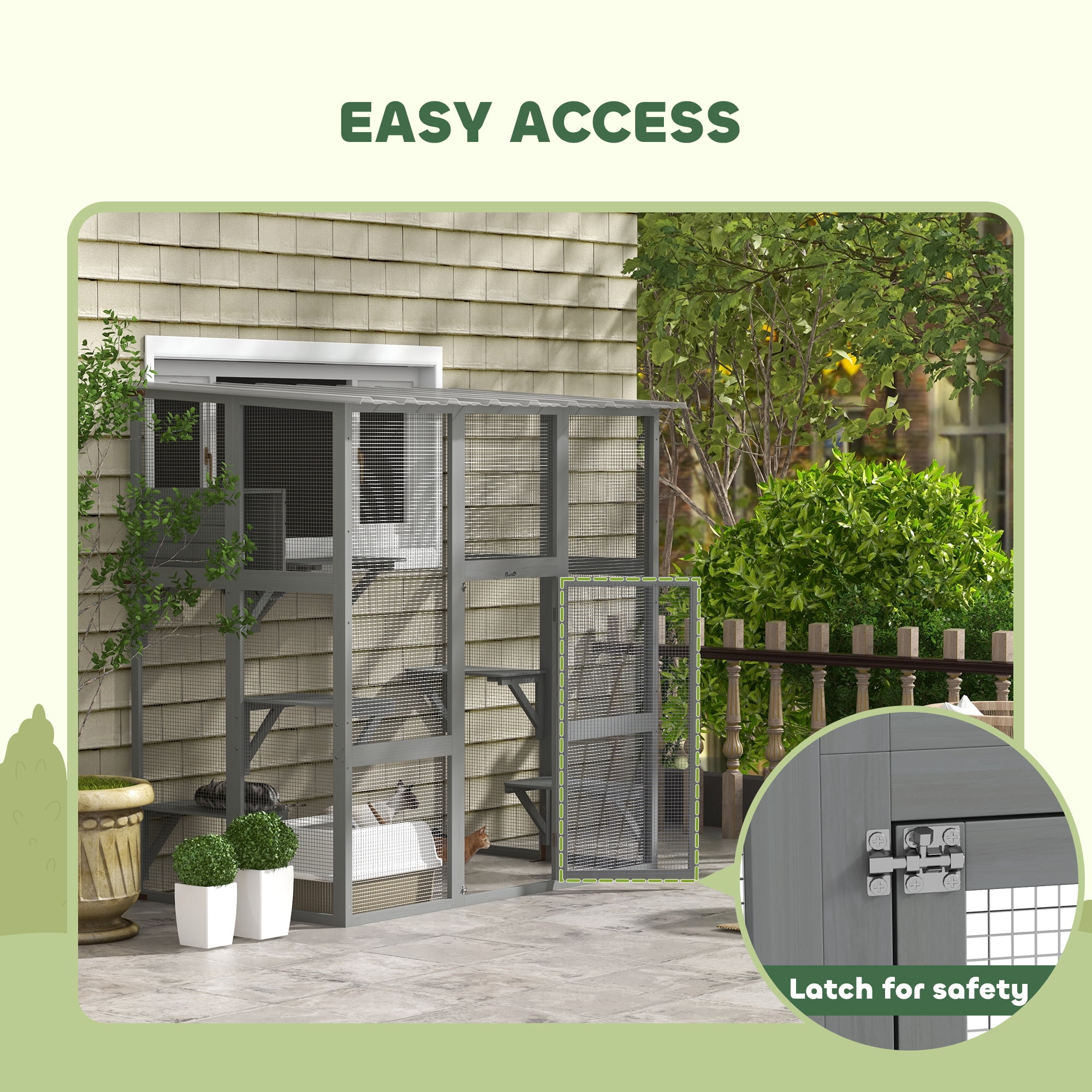 PawHut Catio, Outdoor Cat Enclosure Window Box Wooden Cat House w/ Weather Protection Roof for 2 Kitties with Resting Box, Platforms & Bridge, Gray