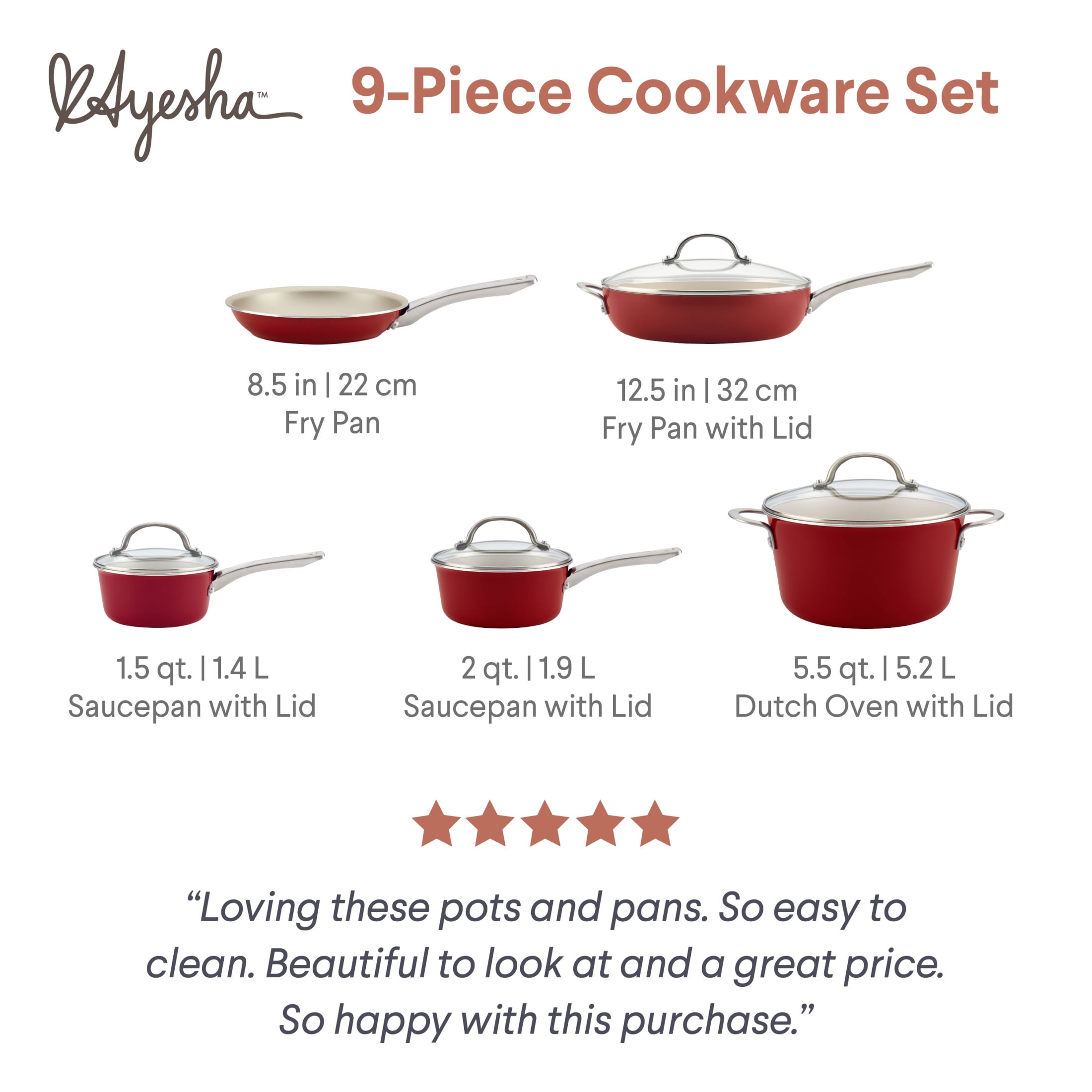 Ayesha Curry Home Collection 9 Pc Porcelain Enamel Nonstick Cookware Pots and Pans Set, Sienna Red