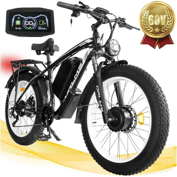 SMLRO ORLMS TS60 Electric Dirt Bike, 2000W Peak 60V 25AH Dual Motor Ebike for Adult, 45MPH E-Bicycle with 26" Fat Tire All Terrain, Front Suspension & Hydraulic Disc Brake, 21-Speed Long Range