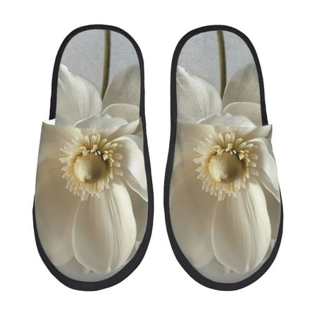 

Fuzoiu Elegant Ivory Flower Print Unisex Furry Slippers Plush Indoor Shoes Trendy House Slippers Anti-Skid EVA Sole House Shoes for Home Office and Travel -Large