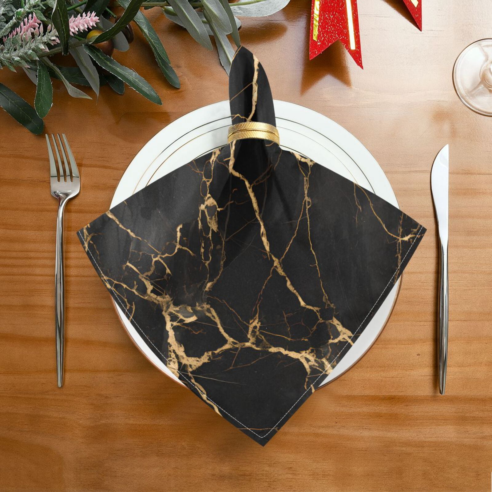 JSTEL Black & Gold Marble Art Cloth Napkins Set of 6, 20x20 Inch Washable and Reusable Napkin for Decoupage Dinner Party Everyday Use