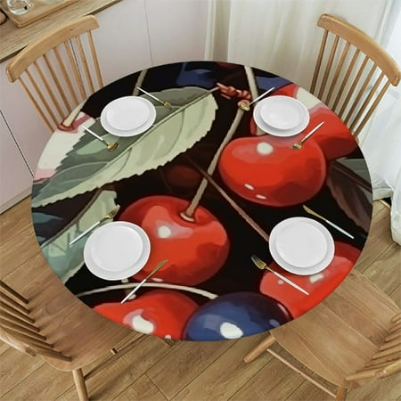 

Xllo0ord Fruits Cherry Leaves Round Fitted Tablecloth with Elastic Edge Waterproof Wipeable Round Table Cover Cloth for Indoor Outdoor Party Dinner Fits Diameter Round Table 46-50