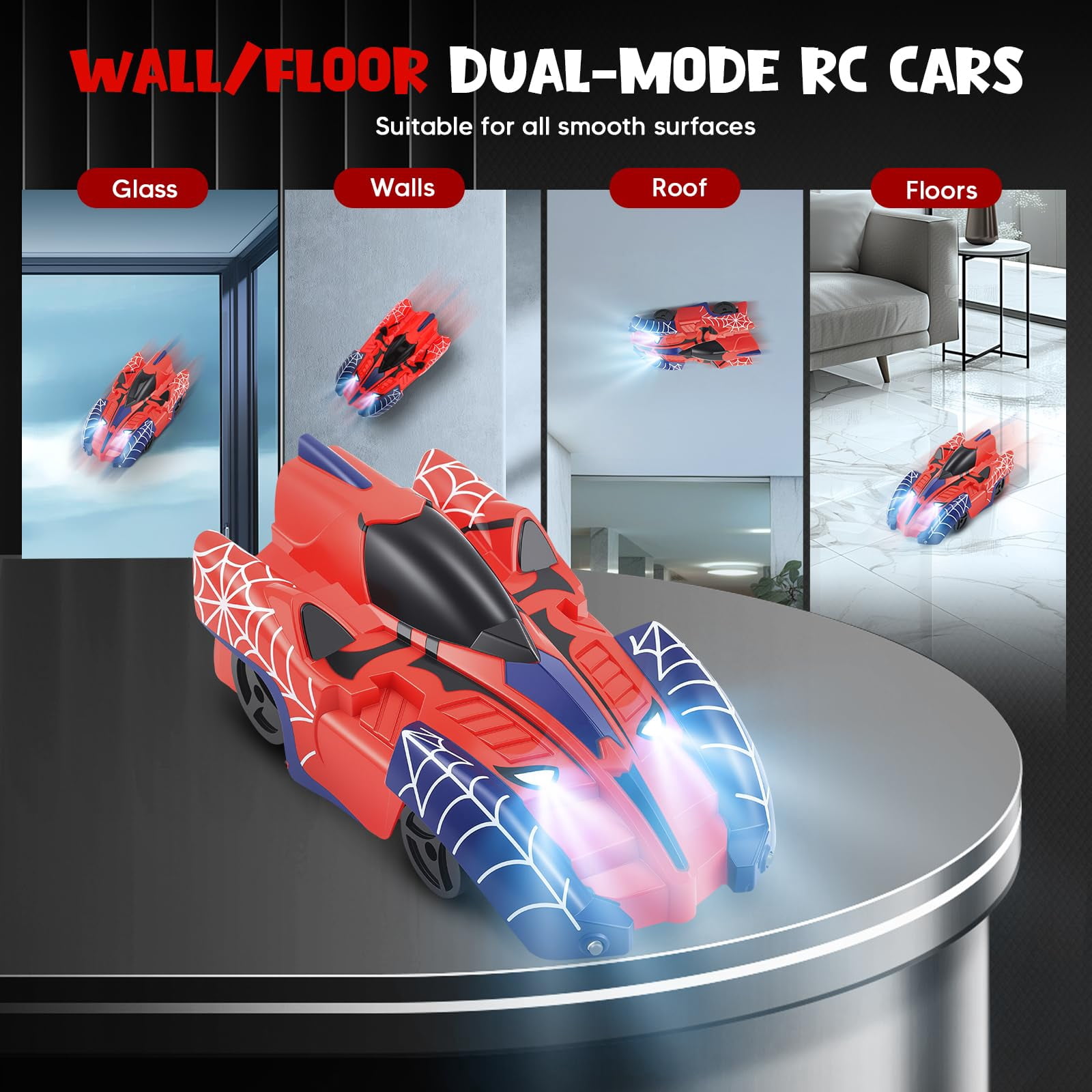 Spider Wall Climbing RC Car, Zero Gravity Dual Mode Remote Control Race Car with 360° Rotation & LED Lights for Kids Boys Girls, Red