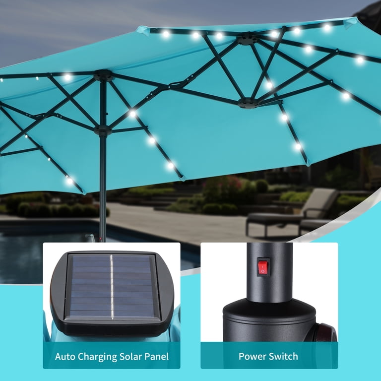 led patio umbrella switch 13 ft Double-Sided Large Rectangle Market Umbrella with 36 Lights-Wine For all Volenca 10-ft Outdoor Solar Offset