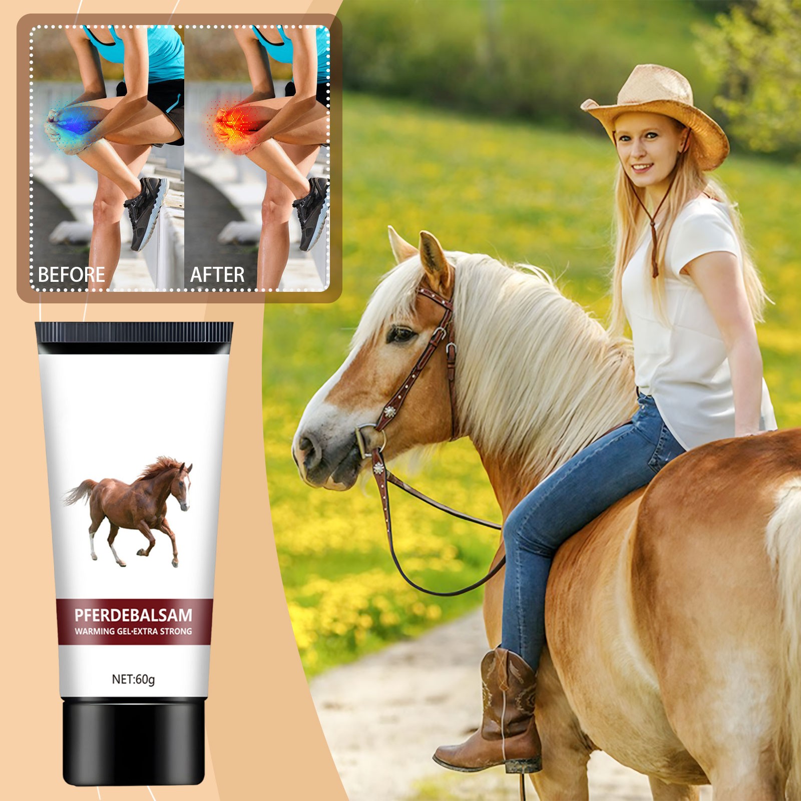 Herunwer Horse Balm Gel, Extra Strength Warming Massage Gel, with Horse Chestnut & Safflower Extract, Joint & Muscle Support