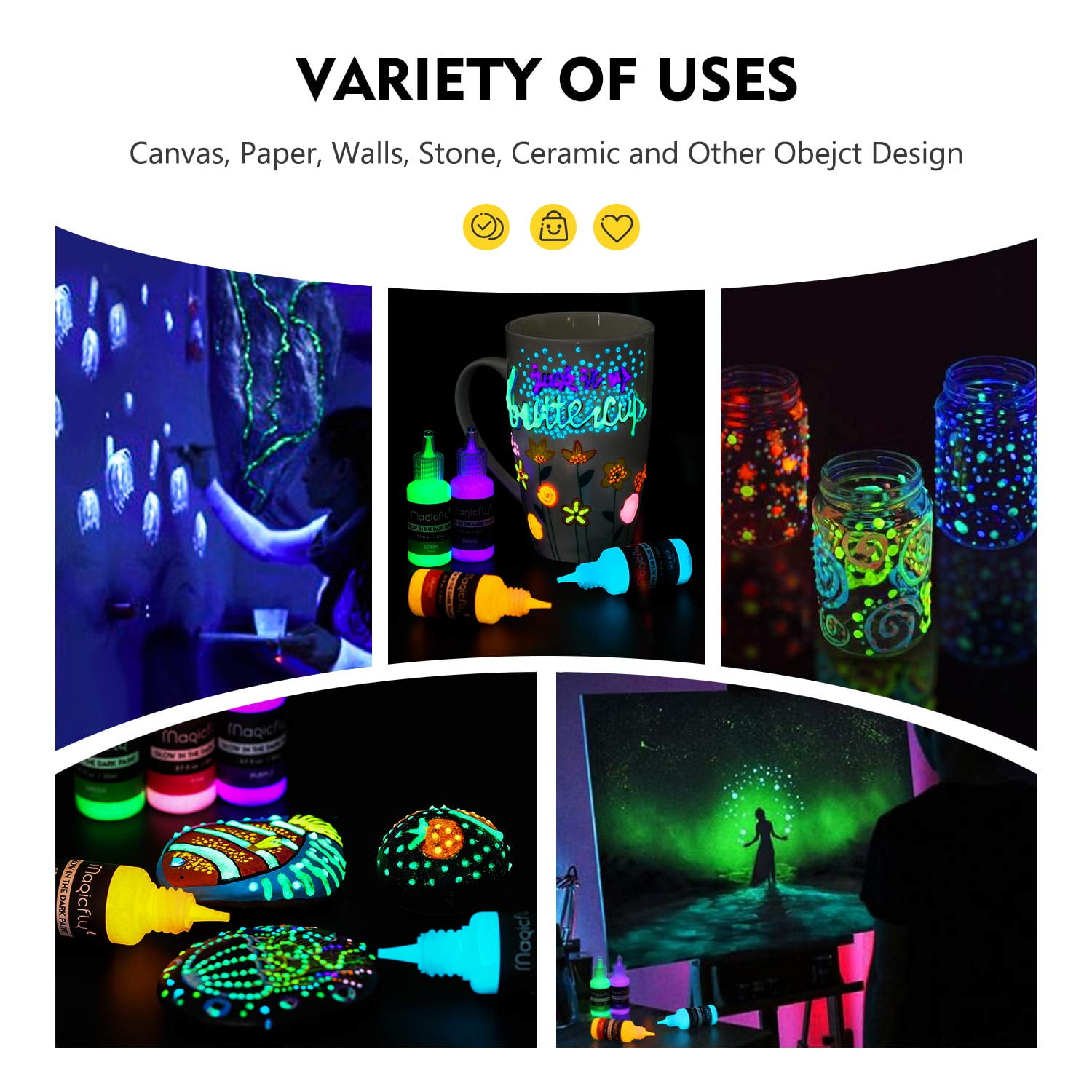(2 pack) Magicfly Acrylic Glow in The Dark Paint, 10 Bright Colours 60 ml / 2 oz for Painting, Halloween , Christmas