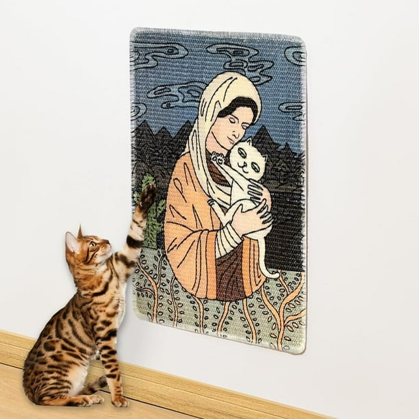 Rascador para gatos, tapete de sisal, protector de muebles para pared, sofá, alfombra, puerta, autoadhesivo, diseño artístico de gatos con clavijas giratorias (Mamá y gato, 60 x 40 cm).
