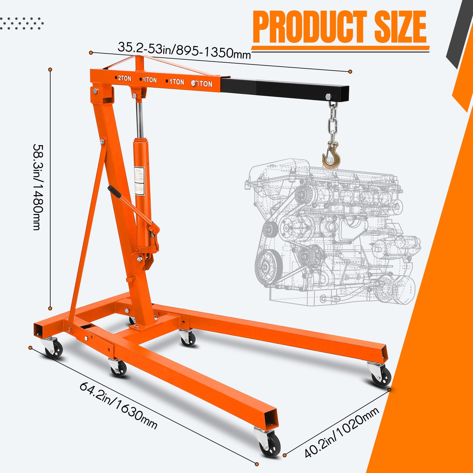 4400LBS Engine Hoist, Folding Hydraulic Hoists Cherry Picker, Heavy Duty Engine Crane Lifter, Orange,black,red,yellow