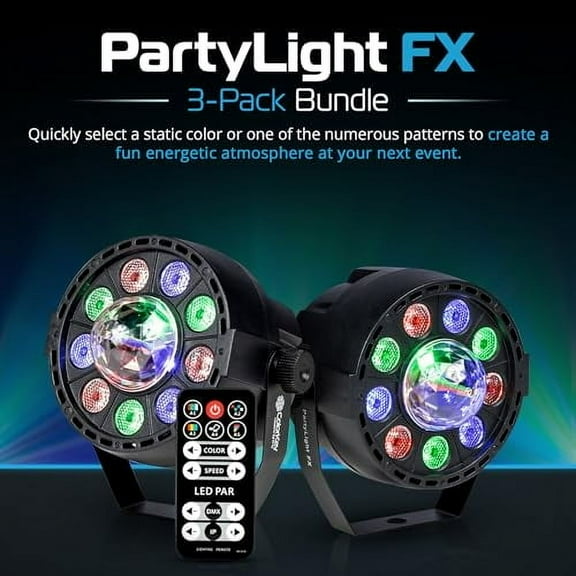 ColorKey Party Light FX 3-Pack Bundle - Three Quad Color LED DJ Wash Lights with Motorized RGB Party Bulb Effect and Remotes