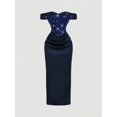 thumbnail image 5 of Navy Blue Sequin Off-Shoulder Ruched Satin Midi Dress, 5 of 5