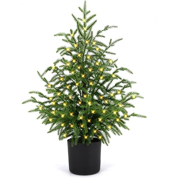 Minibee 2FT Pre-Lit Norfolk Pine Tree | Realistic Potted Artificial Christmas Tree with Black Pot & LED Lights for Indoor Holiday Decor