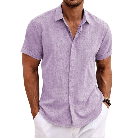 Camisa de lino de manga corta para hombre COOFANDY, color lavanda