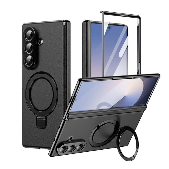 Sanwo For Samsung Galaxy Z Fold 8 Ultra Case with Built-in Screen Protector and Magnetic Kickstand,Shockproof PU Leather PC Protective Cover,Black