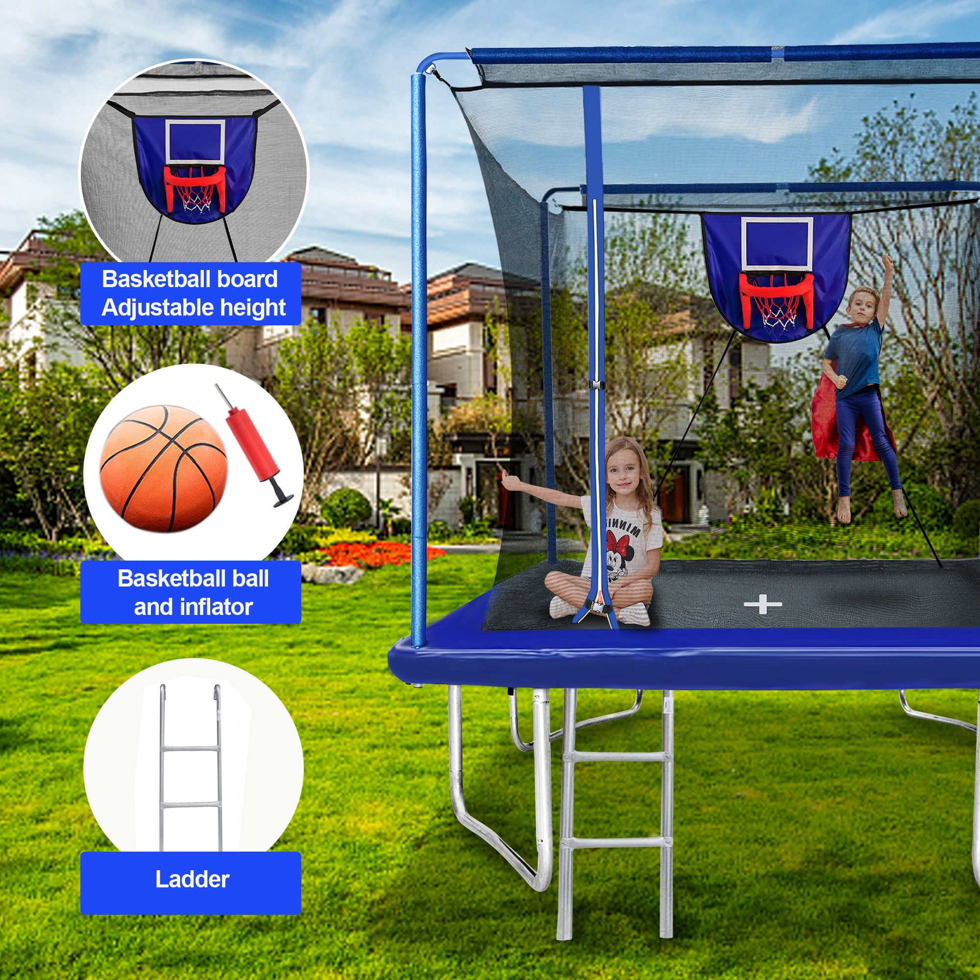 8FT x 12FT Rectangular Trampoline for Kids, Large Size Trampoline with Basketball Set, Outdoor Trampoline w/ Enclosure Net, 4 Reinforced Supports for MAX Weight 1000LBS