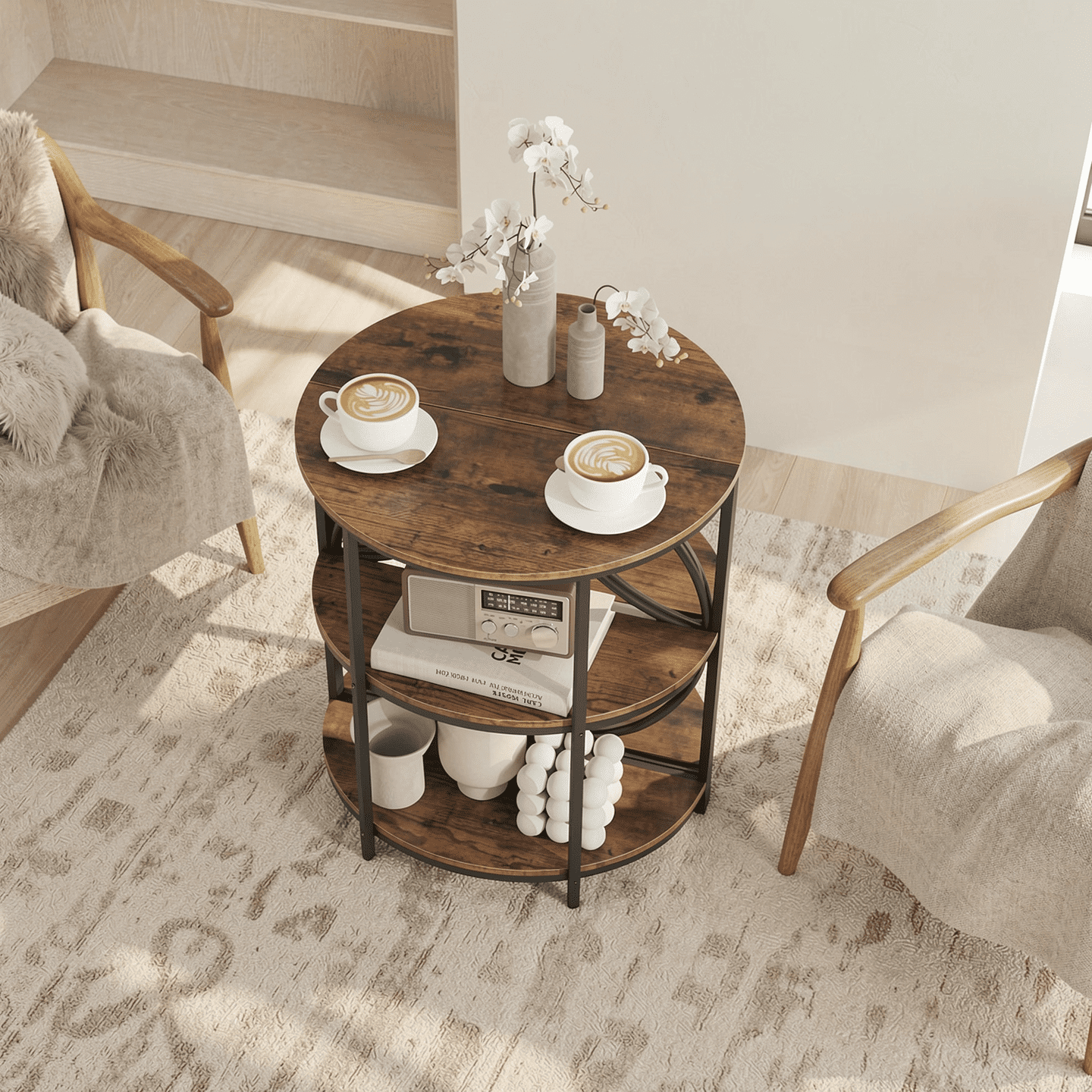 Furnibear 3-Tier Half Round End Table with Sturdy Metal Frame for Living Room, Rustic Brown