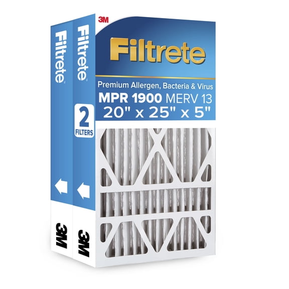 Filtrete 20x25x5 HVAC Furnace Air Filter, MPR 1900 MERV 13, Premium Allergen, Bacteria and Virus, 2 Filters