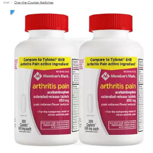 Arthritis Pain, Acetaminophen Tablets, 650 mg MM (200 ct., 2 pk.) By M