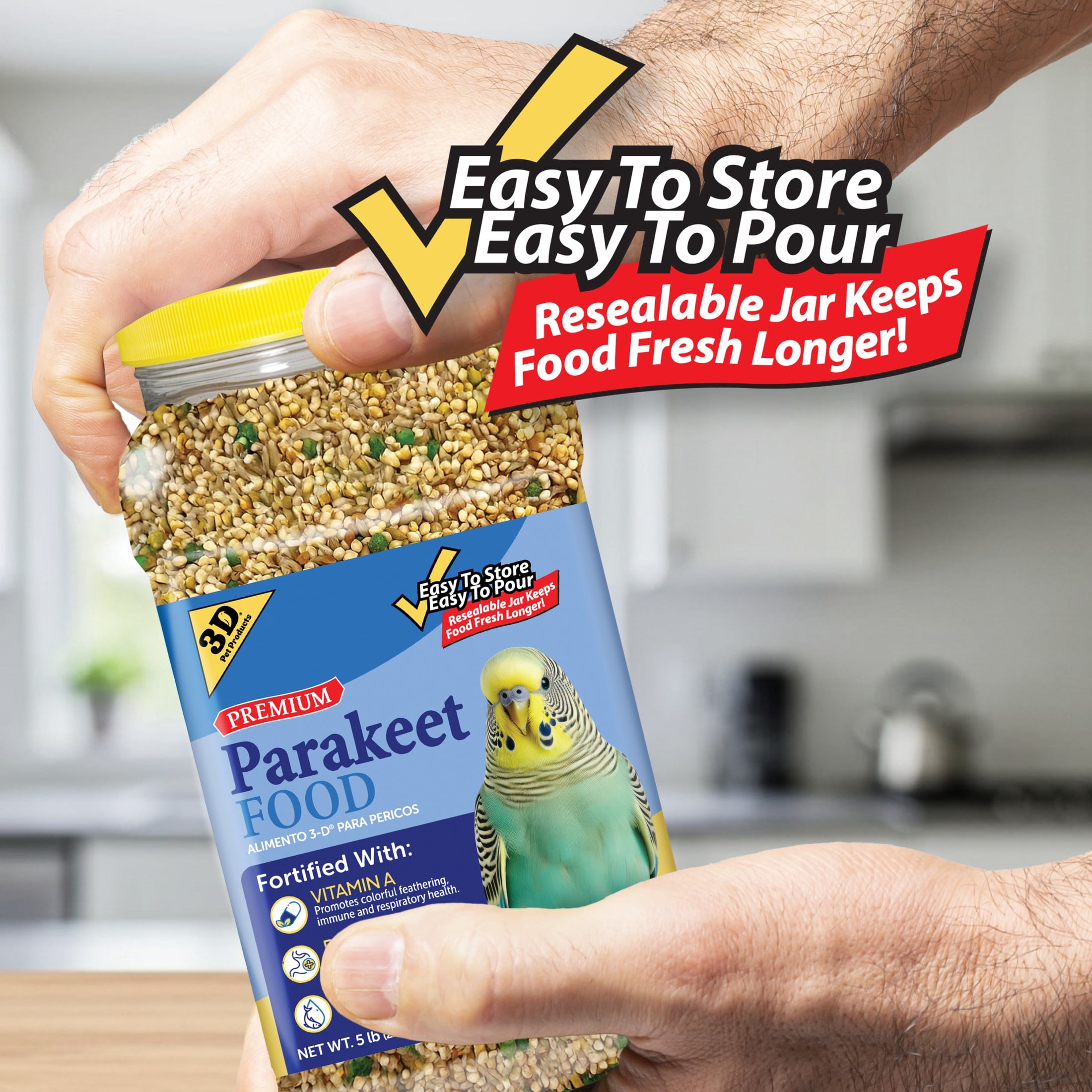 3-D Pet Products Premium Parakeet Bird Food, with Probiotics, 5 lb. Jar, for Daily Feeding