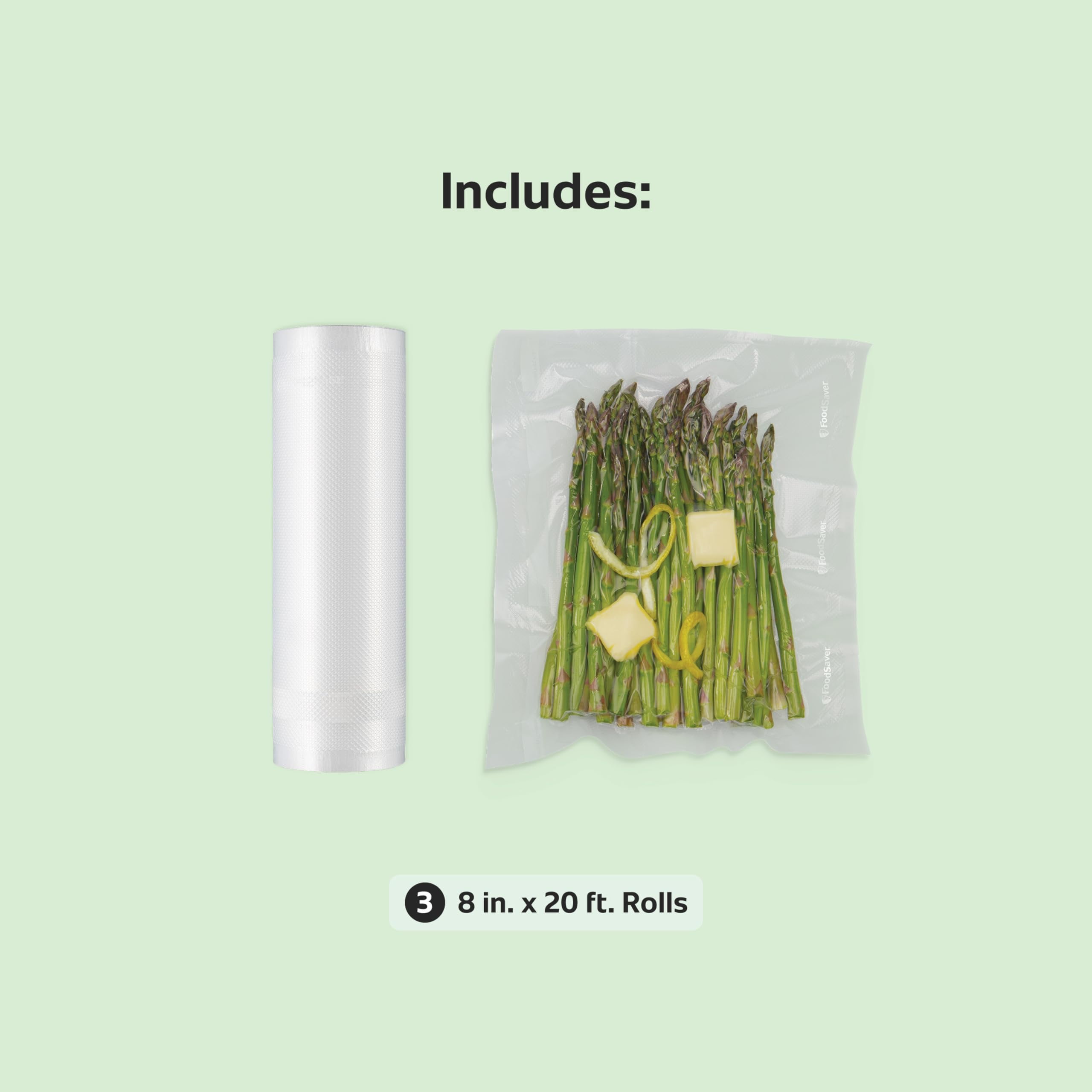 FoodSaver 8" x 20' Vacuum Sealer Bag Rolls, 3-Count BPA-Free Vacuum Seal Rolls for Custom Size Food Storage Bags and Sous Vide, Works wirh FoodSaver Vacuum Sealer Machines, 60 Feet Total