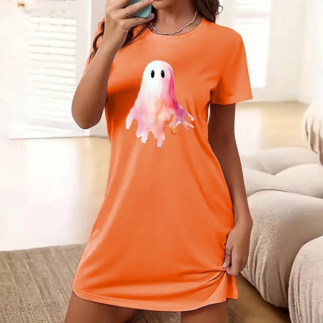Sakmal Robes Moomoo d'Halloween pour Femmes Extensibles Orange Légères Grande Taille Robe Moomoo à Manches Courtes Courte Imprimé Fantôme Col Rond Chemises de Nuit P-2TG