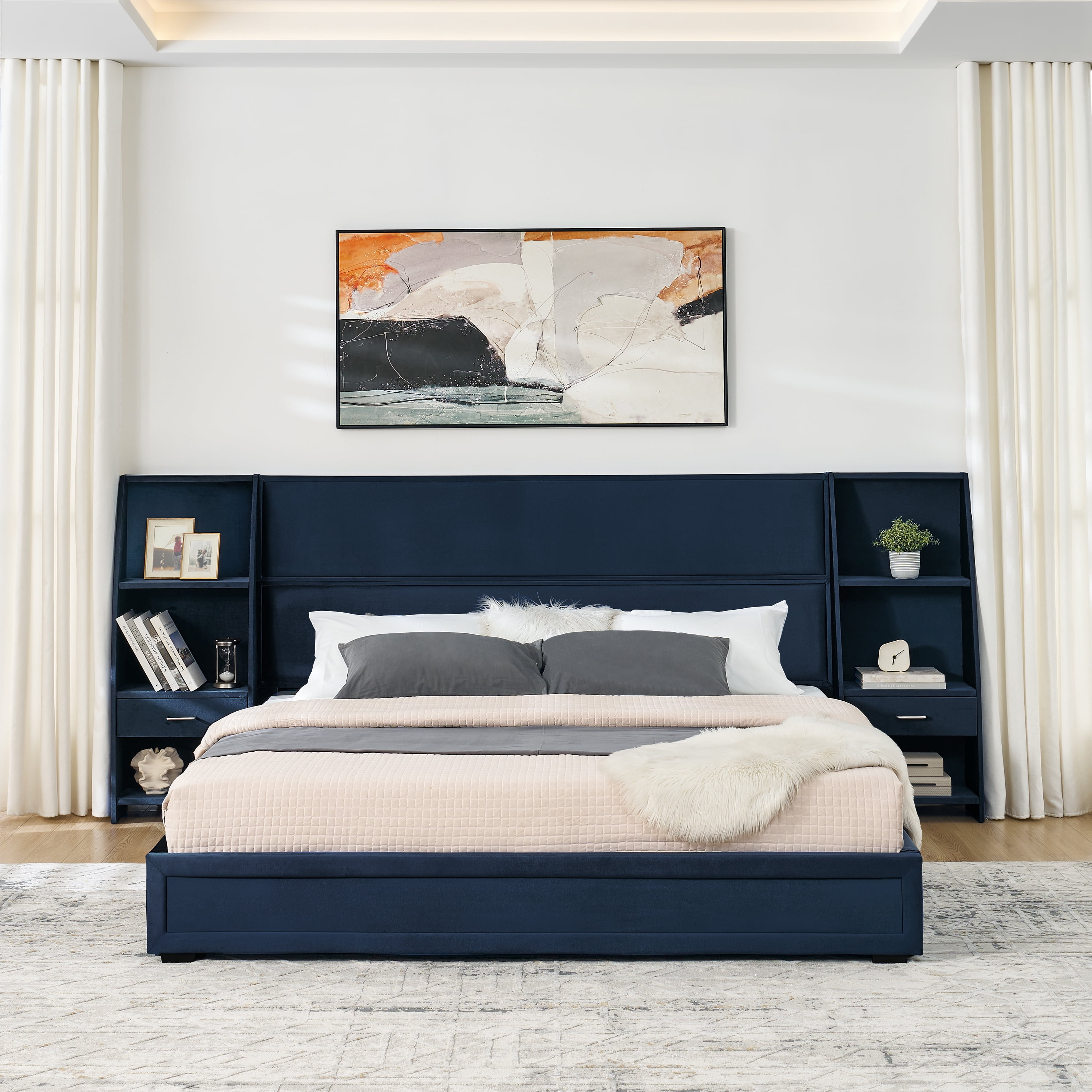 King Size Platform Bed Frame with Glossy Velvet Headboard, Side Bookcases & Drawer