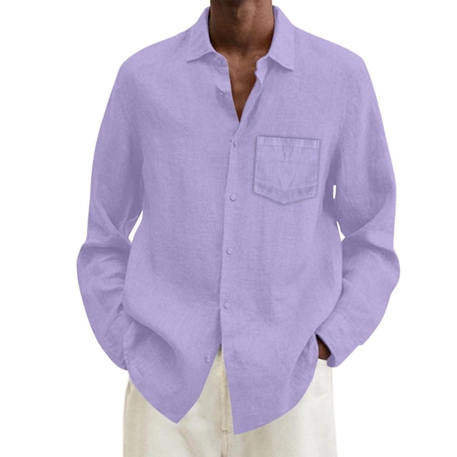 Chemises pour Hommes Été Lin Uni Décontracté Grande Taille Ample Col Rabattu Manches Longues