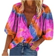 thumbnail image 1 of Pompotops Spring And Summer Women's Tie-Dye Printing 3/4 Sleeve Buttons Top T-shirt, 1 of 5